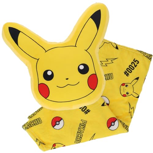 POKEMON - Plaid Pikachu avec Coussin 2 en 1 Pokémon - Plaid Doux et Moelleux Rangé dans un Coussin Pikachu, Fermeture Éclair au Dos