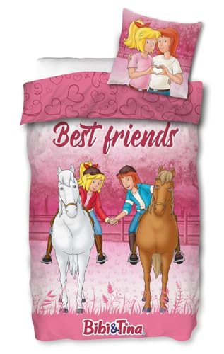 SkyBrands & Wende Bettwäsche Set 'Best Friends' Bettbezug 135x200 Kissenbezug 80x80 Baumwolle Mädchen Pferde Bettzeug