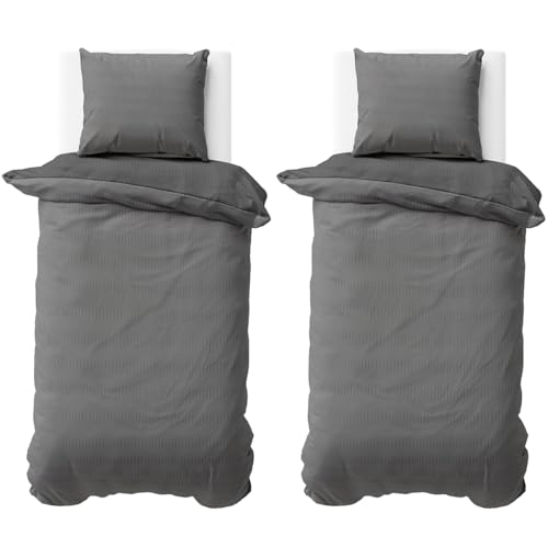 Visaggio Bettwäsche Seersucker 135x200 cm Grau Anthrazit Uni Einfarbige Wende Doubleface Mikrofaser Bettbezug Garnitur 4 teilig