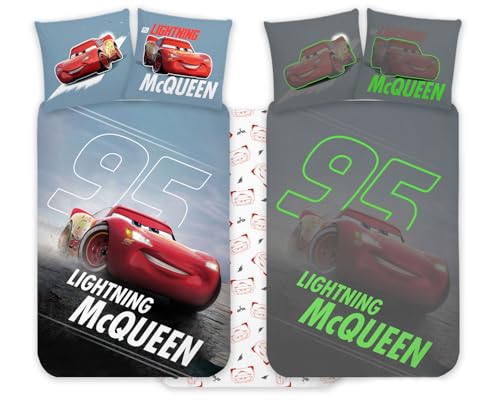 Disney Cars McQueen Bettwäsche Set 100x135 cm & Kissenbezug 40x60 cm | nachtleuchtend Kinderbett Größe Bettwäsche Set für Kinder | Wendebettwäsche Set für Jungen & Mädchen | weich & atmungsaktiv 100%