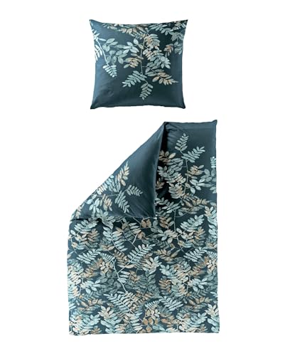 JACK by Bierbaum Mako Satin Bettwäsche 135x200cm 2 TLG. Blätter Dunkelblau Blau Beige