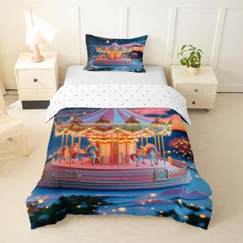 Romantischer Karussell Kinder Bettdecke M Größe Mädchen Dreamy Amusement Park Starry Moon Sky Troster Abdeckung für Jungen Mädchen Prinzessin-Stil Märchenpferd Bettwäsche Set(1 Kissenbehälter)