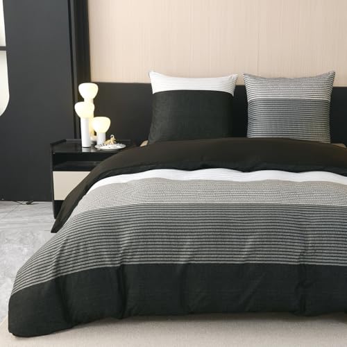 Nesture Bettwäsche 135x200 Schwarz, Bettwäsche-Sets mit Gestreift Muster Microfaser Bettbezug 135 x 200 2 Teilig bügelfrei & weich - 1 Wendebettwäsche und 1 Kissenbezug 80x80 mit Reißverschluss