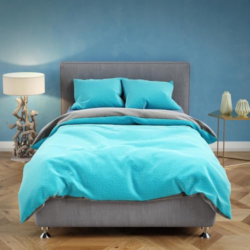 Teddy-Fleece Bettwäsche 155x220 cm Winter Flausch Plüsch 2 teilig Winterbettwäsche Fleece Reißverschluss Kissenbezug 80x80 cm, Unifarben, Petrol, Grau