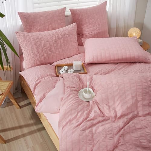 YASMENG Seersucker Bettwäsche 155x220 Rosa Gestreift Bettwäsche Seersucker Weich Atmungsaktiv Mikrofaser Bettwäsche Modern Bettbezug Set 3 Teilig mit Reißverschluss und 2 Kissenbezüge 80x80 cm