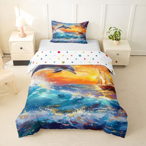feelingyou Schöner Delphin Kinder Bettdecke S Größe Aquarell Meer Retro Segelboot Dekor Decken Abdeckung für Schlafzimmer Schöne Sonnenuntergang Wolken Drucken Bettwäsche Set(1 Kissenbehälter)