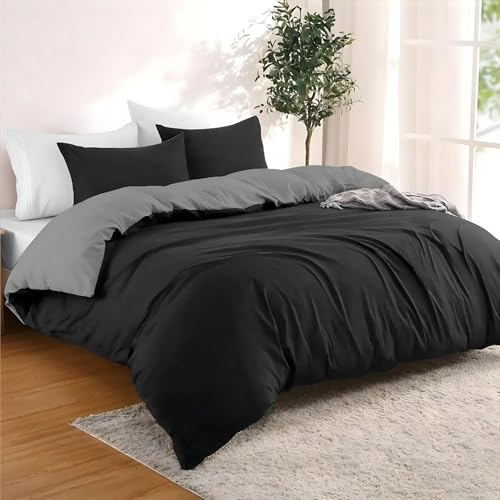 Dreamzie - Bettwäsche Set 155x220 cm mit 2 Kissenbezügen 80x80 cm Schwarz/Dunkelgrau - 1 Bettbezug 155x220 aus 100% Mikrofaser - Zertifiziert ohne Chemikalien (Oeko TEX)