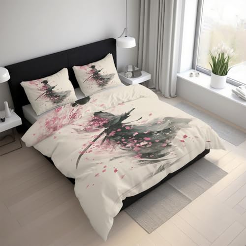 Generisch Japanischer Samurai Bettwäsche 135x200 2teilig, Kirschblüten Orientalisch Bettwäsche-Sets mit Reißverschluss, Microfaser Weiche Bettbezug mit Kissenbezüge 80×80