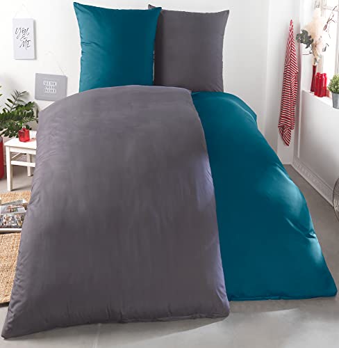 Kuscheli Bettwäsche 135x200 4 teilig | ÖkoTex Zertifiziert & für Allergiker geeignet | Set mit je 2 Bettbezügen 135 x 200 & Kissenbezügen 80x80 | modern & hochwertig, Farbe:ANTHRAZIT-Petrol