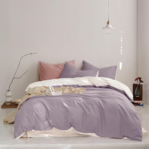 Covebett Bettwäsche 155x220 Lila Weiß Zweifarbig Uni Einfarbig Microfaser Wendebettwäsche 2 Teilig Unifarben Weich Bügelfrei Einzelbett Wende Bettbezug und Kissenbezug 80x80 cm Reißverschluss