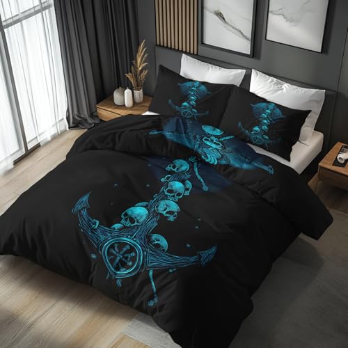 Generisch Bettwäsche 135x200 Gothic Totenkopf - Schlafzimmer Deko Bettbezug 135 x 200 2tlg Nautisch Ankers Dunkel Muster, 1 Kissenbezug 80x80, mit Reißverschluss, Weich Mikrofaser TU-7