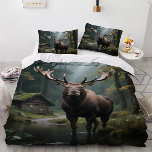 Wald deckenbezug for Schlafzimmer, Elch Bettwäsche-Sets, Wald bettwäsche Duvet Cover,Tierwelt bettdecke 220x230cm Kissenbezug 80x80cm