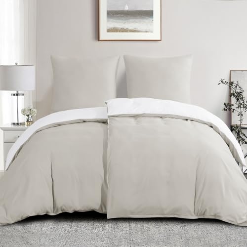 Aisbo Bettwäsche 135x200 4teilig Beige - Wendebettwäsche 135x200cm 4tlg mit Reißverschluss, zweifarbige Bettbezüge 2er Set aus weich Mikrofaser mit Kissenbezüge, Beige und Weiß