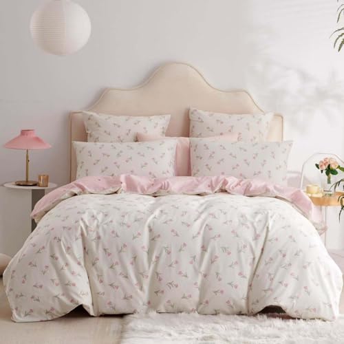 Tospass Baumwolle Bettwäsche Set 135x200cm 2teilig Weiß Rosa Grün Blumen Floral Bettwäsche Blumenmuster Mädchen Elegant Bettbezug mit Reißverschluss und Kissenbezug 80x80cm