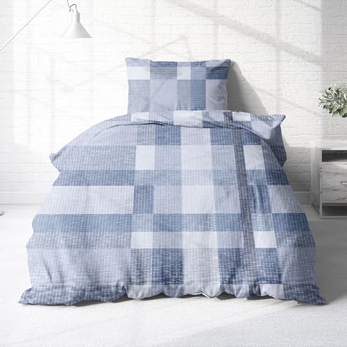 Träumschön Premium Bettwäsche 155x220 + 80x80 cm - Kariertes Design Hellblau - Sommer Bettwäsche aus Baumwolle – Weich, Atmungsaktiv & Hautfreundlich - bügelfrei