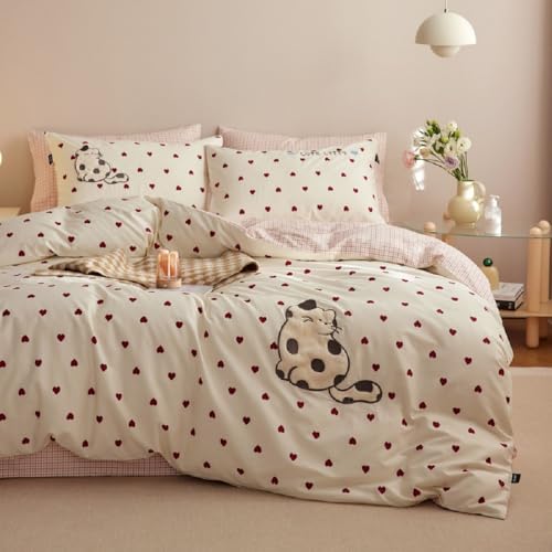 Lanqinglv Bettwäsche 135x200 cm Herzen Katzen Rot Weiß Stickerei Bettwäsche Kinder Mädchen, ÖKO-TEX Bettbezug mit Reißverschluss und 1 Kissenbezüge 80x80cm