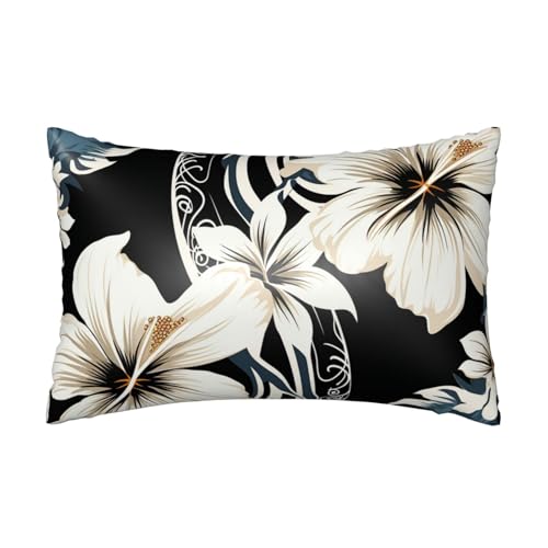 Satin-Kissenbezug mit hawaiianischen Blumen, für Haar und Haut, weich, atmungsaktiv, kühlend, glatt, mit Reißverschluss, Dekoration für Bettwäsche, Wohnzimmer, Sofa, 50,8 x 76,2 cm, Schwarz und Weiß