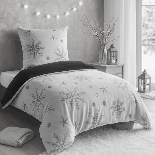 BaSaTex Plüsch Winter Bettwäsche Flausch Bettgarnitur Laserdruck Schneeflocke Cashmere Touch | 135x200 cm + 80x80 cm | Farbe Anthrazit Grau