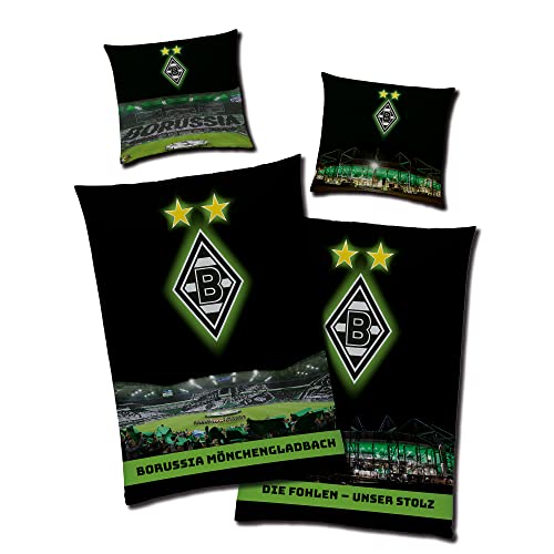 Borussia Mönchengladbach Wende-Bettwäsche - Borussia-Park Leuchtet im Dunkeln 135 x 200 + 80 x 80 cm 100% Baumwolle Linon Fußball Fan VFL 1900 Niederrhein deutsche Größe mit YKK-Reißverschluss