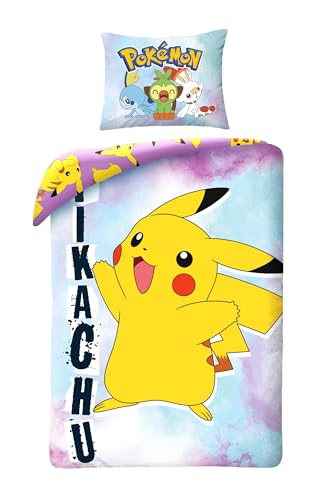 Wende-Bettwäsche-Set POKEMON PIKACHU - Einzelbett 2-teilig Bettbezug 140 x 200 cm und Kissenbezug 70 x 90 cm - 100% Baumwolle Ökö-Tex Standard 100