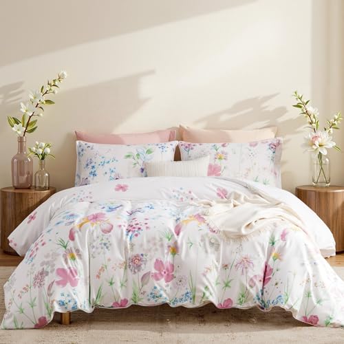 Lanqinglv Bettwäsche 200x220cm Weiß Lila Blätter Blumen Muster Pflanzen Wende Bettwäsche Set Bunt Microfaser Renforce Bettbezug mit Reißverschluss und 2 Kissenbezug 80x80 cm