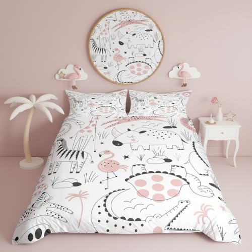 feelingyou Cartoon Tier Bettbezug 135×200 cm,Kawaii Niedlicher Rosa Fee Bettbezug für Kinder Jungen Schlafzimmer, Einfacher Stil Malerei Bettwäsche-Set mit 1 Kissenbezug Tagesdecke, Weich
