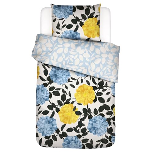 ESSENZA Bettwäsche Bloom with A View Bright White Weiß Blumen Blüten Dahlien Bunt Wendesign Blau Baumwolle Perkal, Größe:155 cm x 220 cm