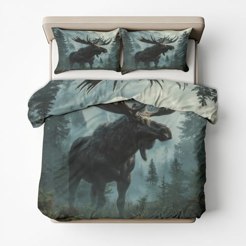 Generisch Mikrofaser Bettwäsche 140x200 Elch 2tlg - Hirsch Nebel Wald Tiere Wendebettwäsche Deko, Weiche Bügelfreie Bettbezug mit Reißverschluss, 1 Kissenbezug 70x90 AE2771