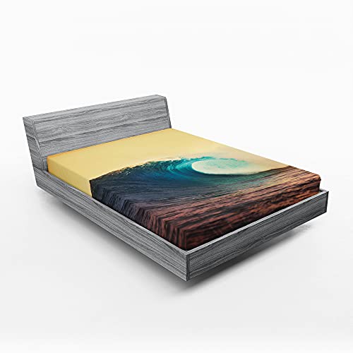 ABAKUHAUS Ozean Spannbetttuch, Sonnenuntergang in den warmen Farben, Soft Dekorativer Stoff Bettwäsche Rund-um Elastischer Gummizug, 180 cm x 200 cm, Türkis Gelb Braun