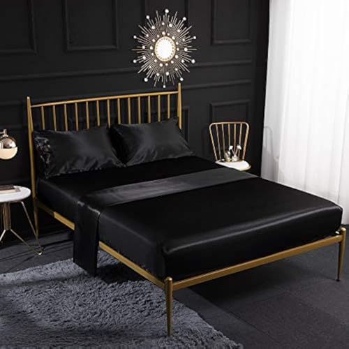 Luxuriöses 4-teiliges Satin-Seiden-Bettwäsche- Set, Super-King-Size-Größe, Schwarz (180 x 200 cm), inklusive Spannbetttuch, Bettlaken und Kissenbezügen, atmungsaktiv, weich und bequem, hochwertige