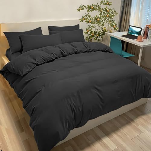 Poligino Bettwäsche 3tlg Gebürstet Microfaser Bettbezug 260x240cm + 2 Kissenbezug 50x80cm mit Reißverschluss Schwarz