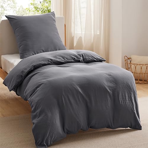 BEDSURE Bettwäsche 135x200 2teilig Bettwäsche-Set - Weich Baumwollähnlich 1 Bettbezug 135 x 200 cm und 1 Kissenbezug 80x80 cm?ÖKO-TEX Vorgewaschene Deckenbezug Bedding, Anthrazit mit Reißverschluss