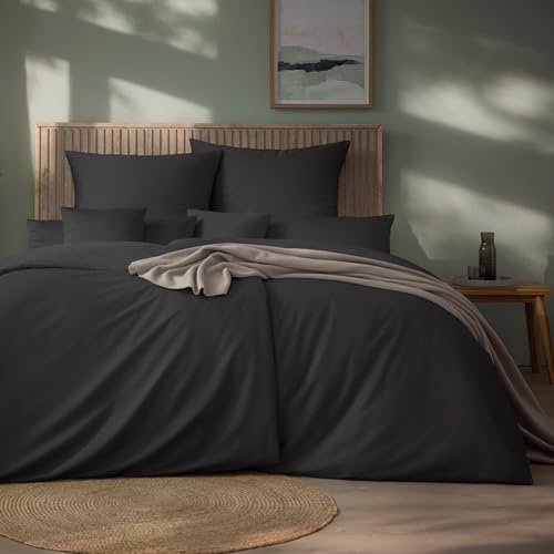 ESTELLA Mako Satin Bettwäsche Set Uni - 100% Baumwolle - trocknerfest - Garantie Reißverschluss - 155x220 cm + 80x80 cm - Farbe: Anthrazit