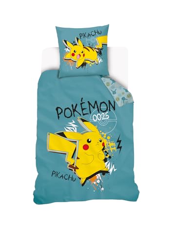 Pokemon - Housse De Couette Pokemon Pikachu Street 140x200 cm + 1 taie d'oreiller 63x63 cm - Coton - Bleu