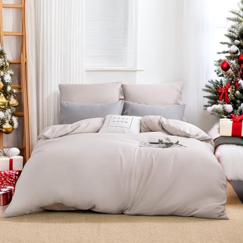 AYSW Bettwäsche gebürstet Microfaser 1 Bettbezug 220x240cm + 2 Kopfkissenbezug 80x80cm mit Reißverschluss Beige
