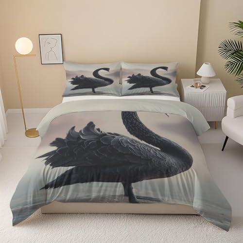 Schwarz Schwan Bettwäsche 135x200, 2 Teilig Bettbezug, Schwan See Mikrofaser Bettwäsche-Set mit 1 Kissenbezüge 80x80 cm, Elegant Tier Deckenbezug mit Reißverschluss