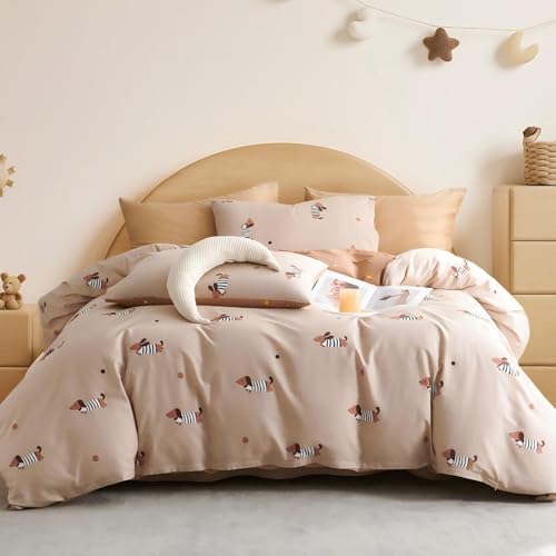 Freyamy Dackel Bettwäsche 135x200cm 2teilig Baumwolle Khaki Bunt Dachshund Mädchen Bettwäsche Set Dackelmuster Teen Kinderbettwäsche 1 Bettbezug mit Reißverschluss und Kissenbezug 80x80cm