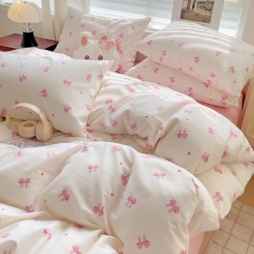 Covebett Bettwäsche Baumwolle 135x200 Mädchen Weiß mit Rosa Schleifen Herz Kawaii Bettbezug Set Aesthetic Rosa Herzen Schleifenmuster Deckenbezug mit Reißverschluss und Kissenbezug 80x80cm