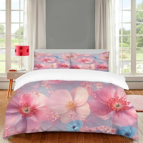TlevadArt Bettwäsche 3teilig, Hellblaue Blumen Muster, Atmungsaktiver Stoff Mit Reißverschluss, 1 Bettbezüge + 2 Kissenbezüge, Aesthetic Bettwäsche-Sets, Gibt Ihnen EIN Angenehmes Schlafgefühl