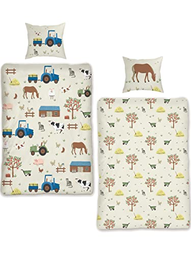 SkyBrands Kinder Bettwäsche Tiere 135x200 Bauernhof Kinderbettwäsche Bagger Traktor Baumwolle Kinderbettwäsche 2tgl. für Jungen und Mädchen