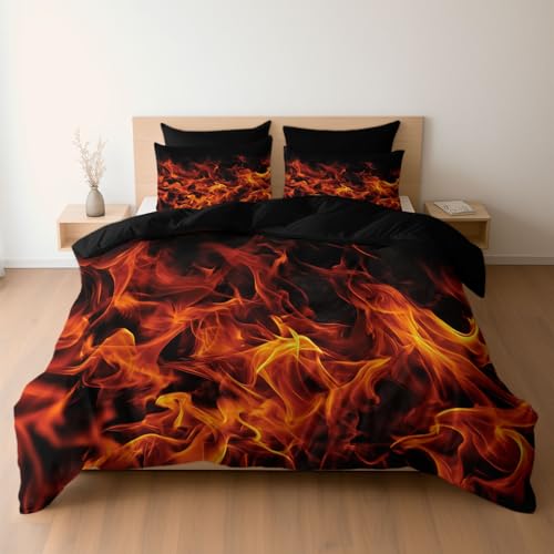 Generisch Bettwäsche 135 x 200 cm Mikrofaser Bettbezug, Lebendig Brennende Flammen Wende-Bettwäsche-Set, Bettbezug und 1 x Kissenbezüge Atmungsaktiv Maschinenwaschbar, Schwarz