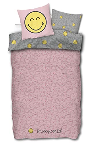 SkyBrands Smiley Mädchen Bettwäsche 135x200 Kinderbettwäsche 135x200 Mädchen Rosa aus Baumwolle 2tlg. 1x Bettbezug 1x Kissenbezug