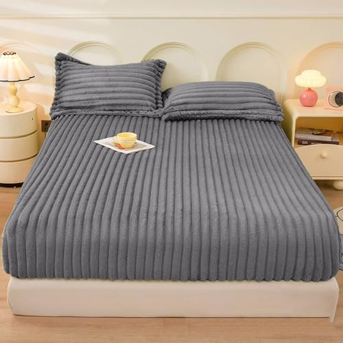 Spannbettlaken 200x220, Einfarbig mit Strukturiertem Streifen Bettwäsche Spannbetttuch mit einem Paar Kopfkissenbezügen aus Milch Samt Weich und Knitterfrei, Dunkelgrau Spannbettlaken 200x220, Einfarbig mit Strukturiertem Streifen Bettwäsche Spannbetttuch mit einem Paar Kopfkissenbezügen aus Milch Samt Weich und Knitterfrei, Dunkelgrau