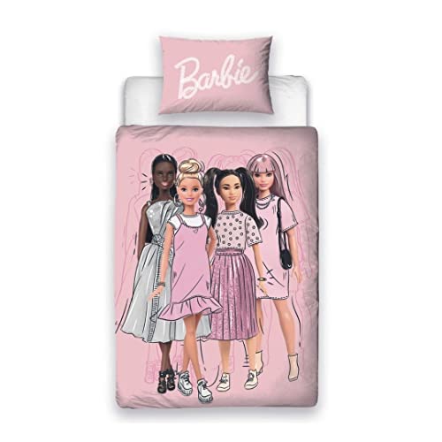 Character World Barbie Offizielles Einzel-Bettwäsche-Set für Kinder, Figuren-Design, wendbar, 2-seitig, inkl. passendem Kissenbezug, rosa Einzelbett-Set, Polycotton