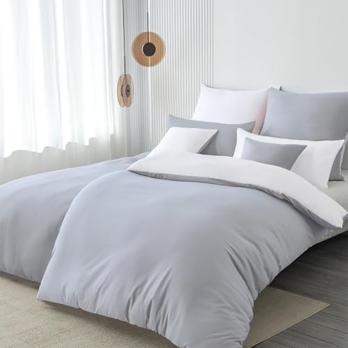 Nesture Bettwäsche 135x200 4teilig Grau/Weiß Bettwäsche Sets Microfaser Wendebettwäsche 135 x 200 4tlg, weich & bügelfrei Bettbezug 2er + Kissenbezug 2er 80x80cm mit Reißverschluss