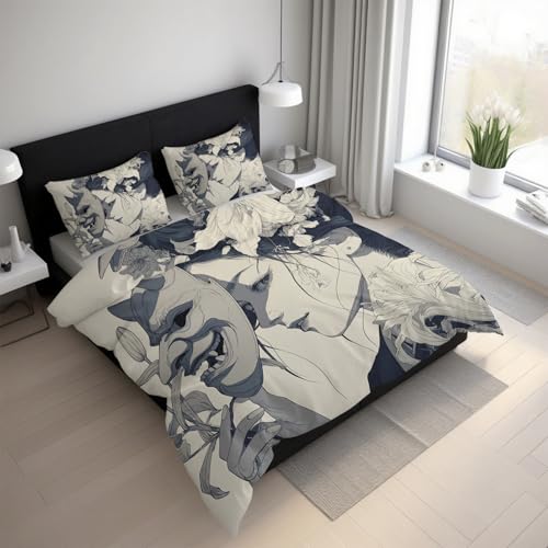 Generisch Geisha Bettwäsche 135x200 2teilig, Prajna Maske Orientalisch Japanischer Stil Bettwäsche-Sets mit Reißverschluss, Microfaser Weiche Bettbezug mit Kissenbezüge 80×80