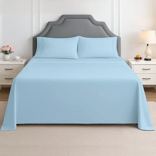 Shreem Linen Queensize-Bettlaken-Set, 4-teiliges Bettlaken-Set, 1800, ultraweich, Hotel-Luxus-Bettwäsche, atmungsaktiv und kühlend, tiefe Taschen, passend für 20,3 - 40,6 cm Matratze, Hellblau