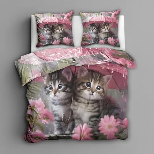 Generisch Kinder Katze Bettwäsche 140x200 2tlg, 1 Kissenbezüge 70x90 - Süß Kätzchen Design Wendebettwäsche, Weiche Mikrofaser Bettbezug mit Reißverschluss, Deko & Geschenke - Y15