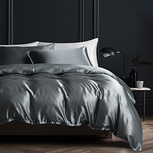 Boqingzhu Satin Bettwäsche 200×220cm Grau Dunkelgrau Anthrazit Uni Einfarbig Glatt Glänzend Luxus Seide Bettwäsche Set Bettbezug mit Reißverschluss und 2 Kissenbezüge 80x80cm
