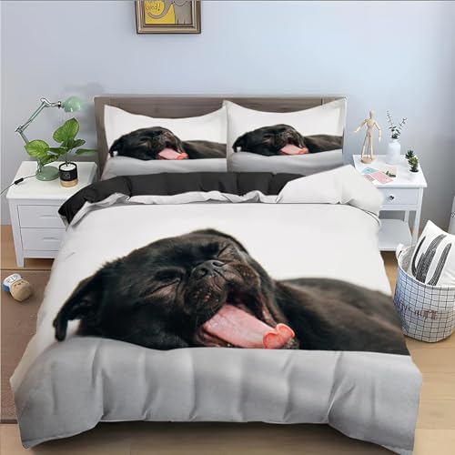 LMMSMGS Bettwäsche 200x200 Mops Bettwäsche-Sets– Weiches Mikrofaser-Set mit Bettbezug 200x200 + 2 Kissenbezüge 80x80 mit Reißverschluss Eckbinder für Mädchen Jungen